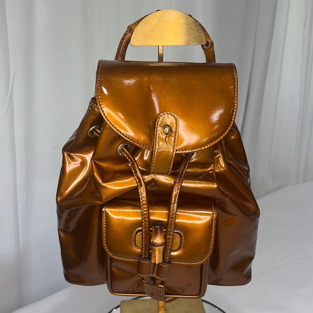Bronze Patent Leather Gucci Mini Backpack with Bamboo Details